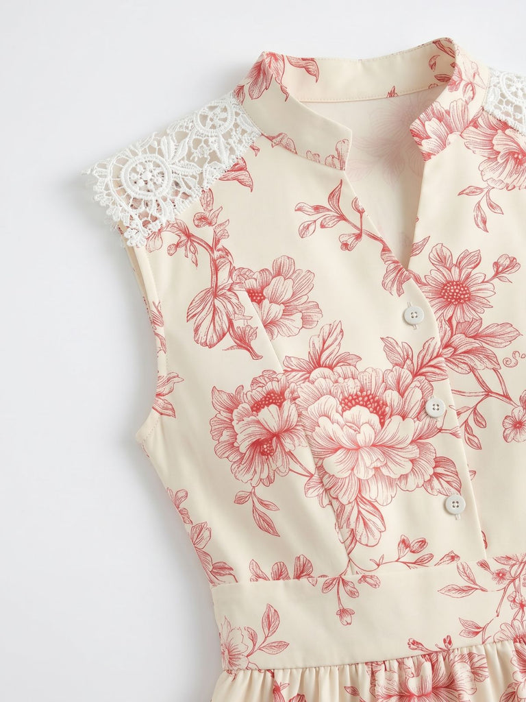 1940s Floral Stand Collar Lace Midi Dress - vintage dress, retro fashion, floral print, lace detail for vintage lovers
