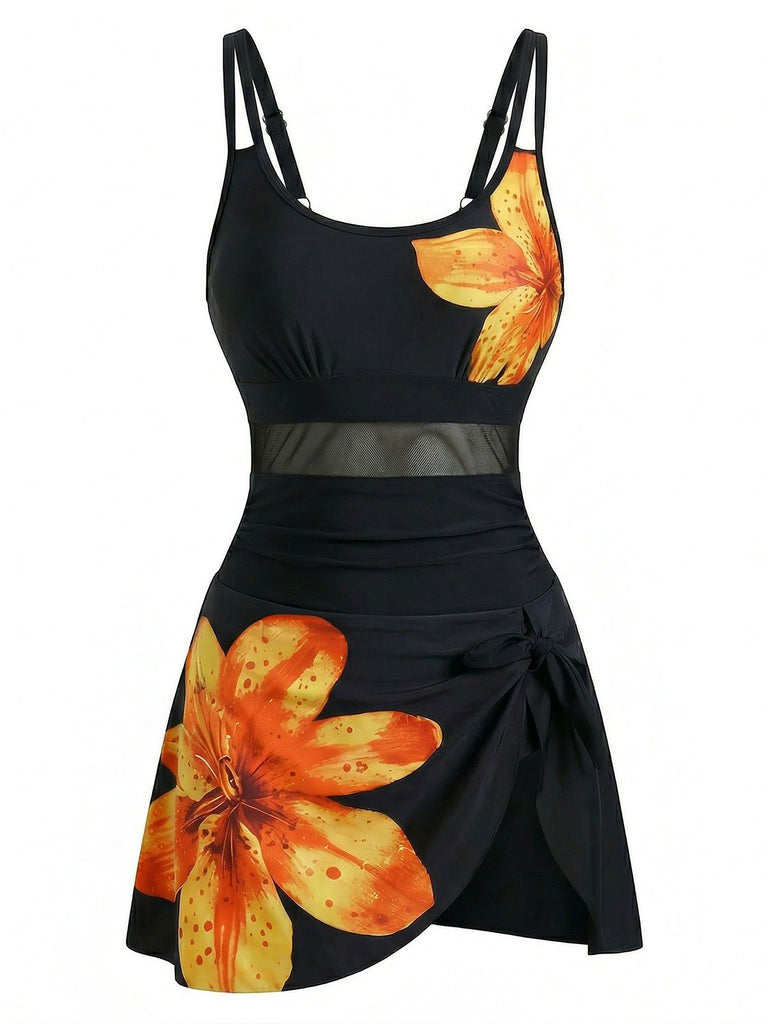 1940s Floral Strappy Scoop-Neck Tie Mesh Swim Dress - vintage dress, retro fashion
