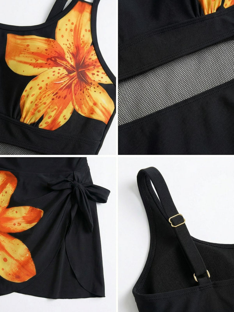 1940s Floral Strappy Scoop-Neck Tie Mesh Swim Dress - vintage dress, retro fashion