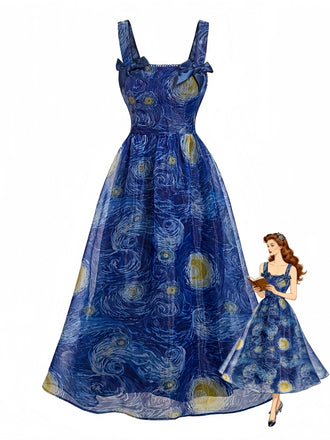 Blue 1940s Square Neck Starry Night Bow Swing Dress, vintage dress, retro fashion, rockabilly, pin-up fashion, women, elegant