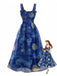 Blue 1940s Square Neck Starry Night Bow Swing Dress, vintage dress, retro fashion, rockabilly, pin-up fashion, women, elegant