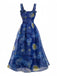 Blue 1940s Square Neck Starry Night Bow Swing Dress, vintage dress, retro fashion, rockabilly, pin-up fashion, women, elegant