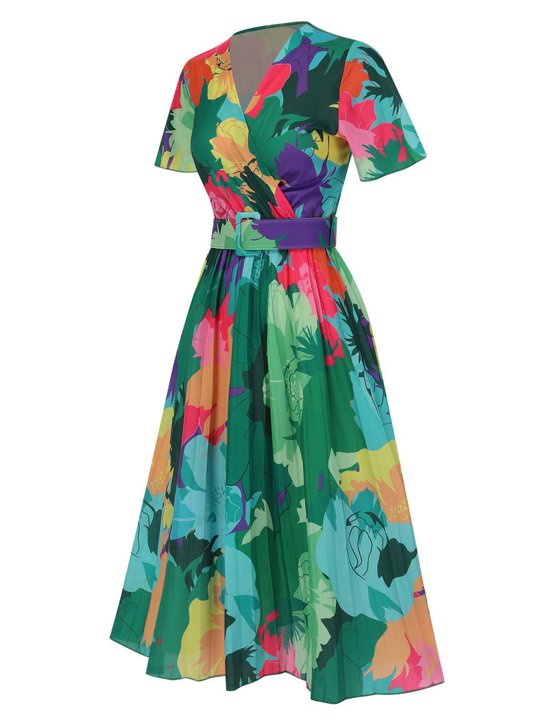 1940s Floral V-Neck Belt Dress, vintage dress, retro fashion, floral print - perfect for women who love vintage and retro fashion