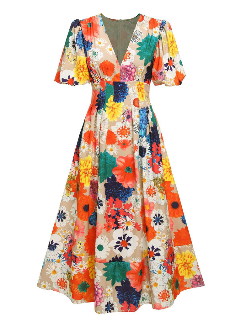 1940s Floral V-Neck Lantern Sleeve Dress, vintage dress, retro fashion, floral print - perfect for women who love vintage and retro fashion