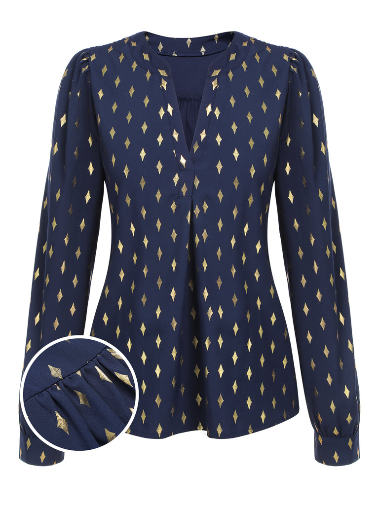 1940s Foil Stamping Stars V-Neck Blouse, vintage top, retro blouse - perfect for women who love vintage and retro fashion