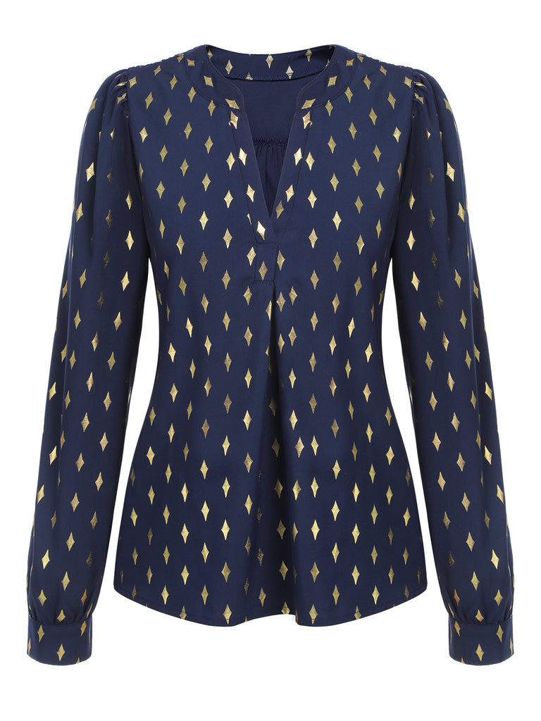 1940s Foil Stamping Stars V-Neck Blouse, vintage top, retro blouse - perfect for women who love vintage and retro fashion