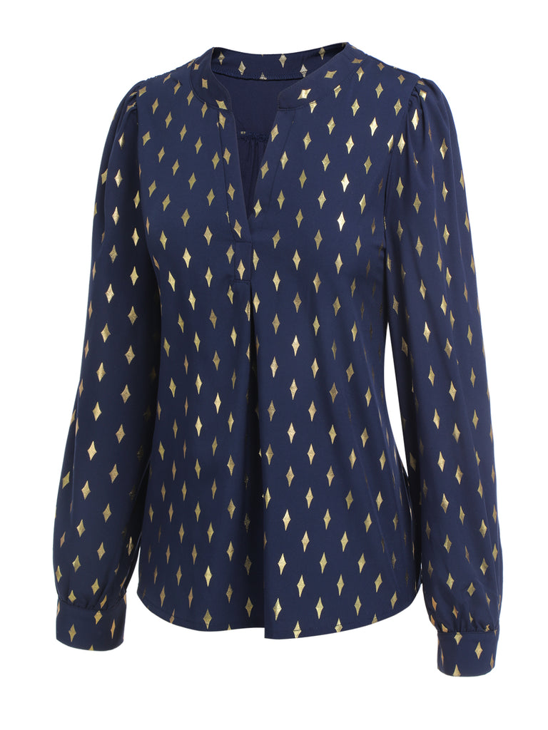 1940s Foil Stamping Stars V-Neck Blouse, vintage top, retro blouse - perfect for women who love vintage and retro fashion
