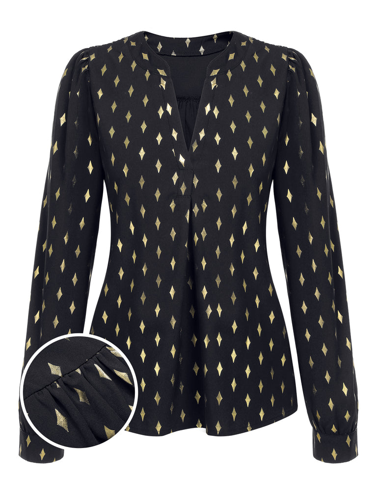 1940s Foil Stamping Stars V-Neck Blouse, vintage top, retro blouse - perfect for women who love vintage and retro fashion