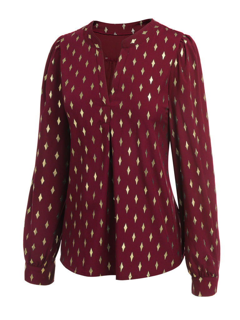 1940s Foil Stamping Stars V-Neck Blouse, vintage top, retro blouse, classic style, women, elegant