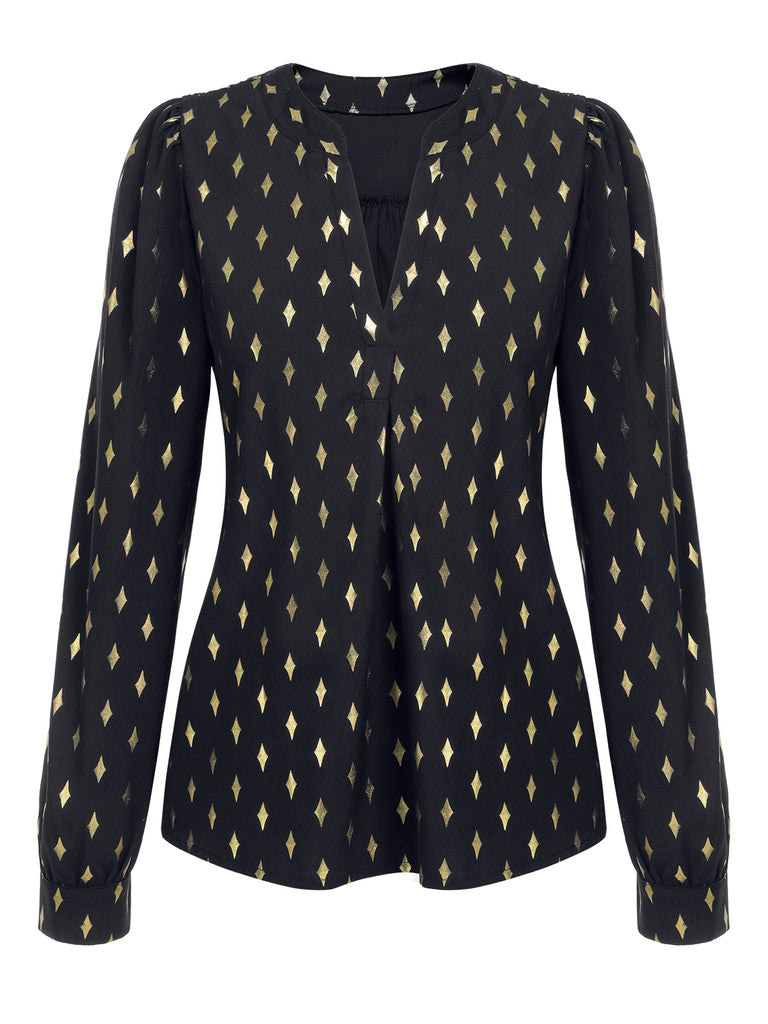 1940s Foil Stamping Stars V-Neck Blouse, vintage top, retro blouse - perfect for women who love vintage and retro fashion