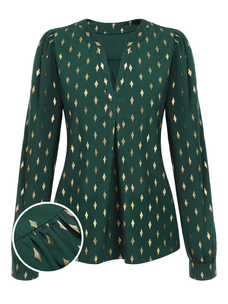 1940s Foil Stamping Stars V-Neck Blouse, vintage top, retro blouse - perfect for women who love vintage and retro fashion