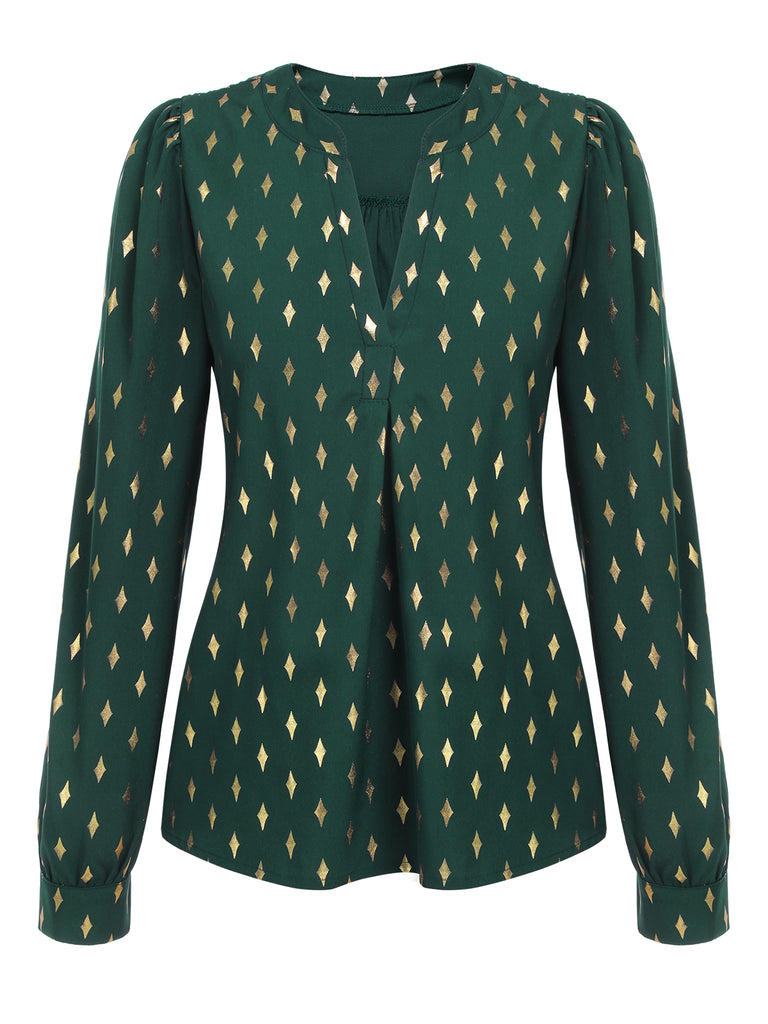 1940s Foil Stamping Stars V-Neck Blouse, vintage top, retro blouse - perfect for women who love vintage and retro fashion