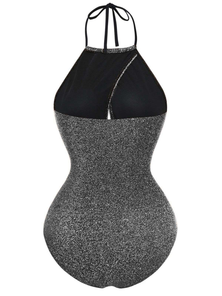 1940s Glitter Halter Cutout Bow One-Piece Swimsuit - vintage swimsuit, pin-up style