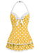 1940s Halter Dot Bow One-Piece Swimsuit | vintage swimwear, retro swimsuit, pin-up style - perfect for retro fashion enthusiasts