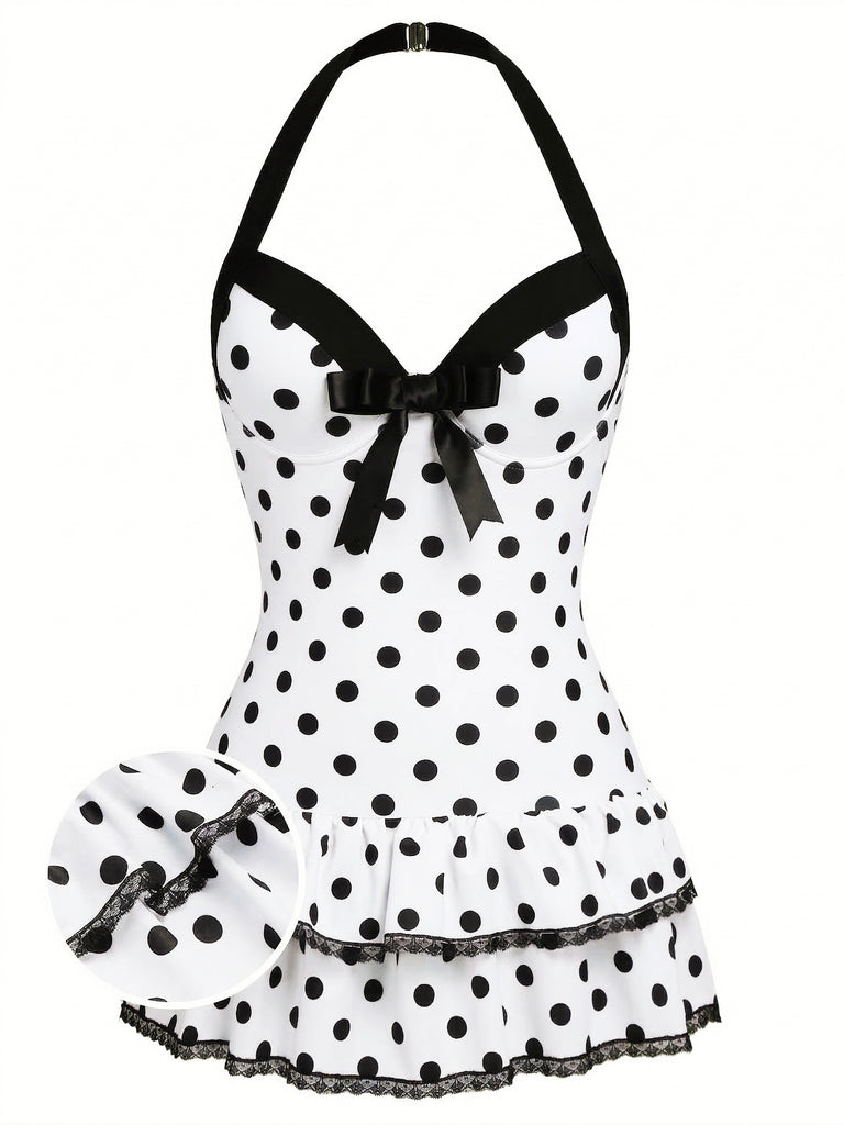 1940s Halter Dot Bow One-Piece Swimsuit - vintage swimwear, retro swimsuit, pin-up style for vintage lovers