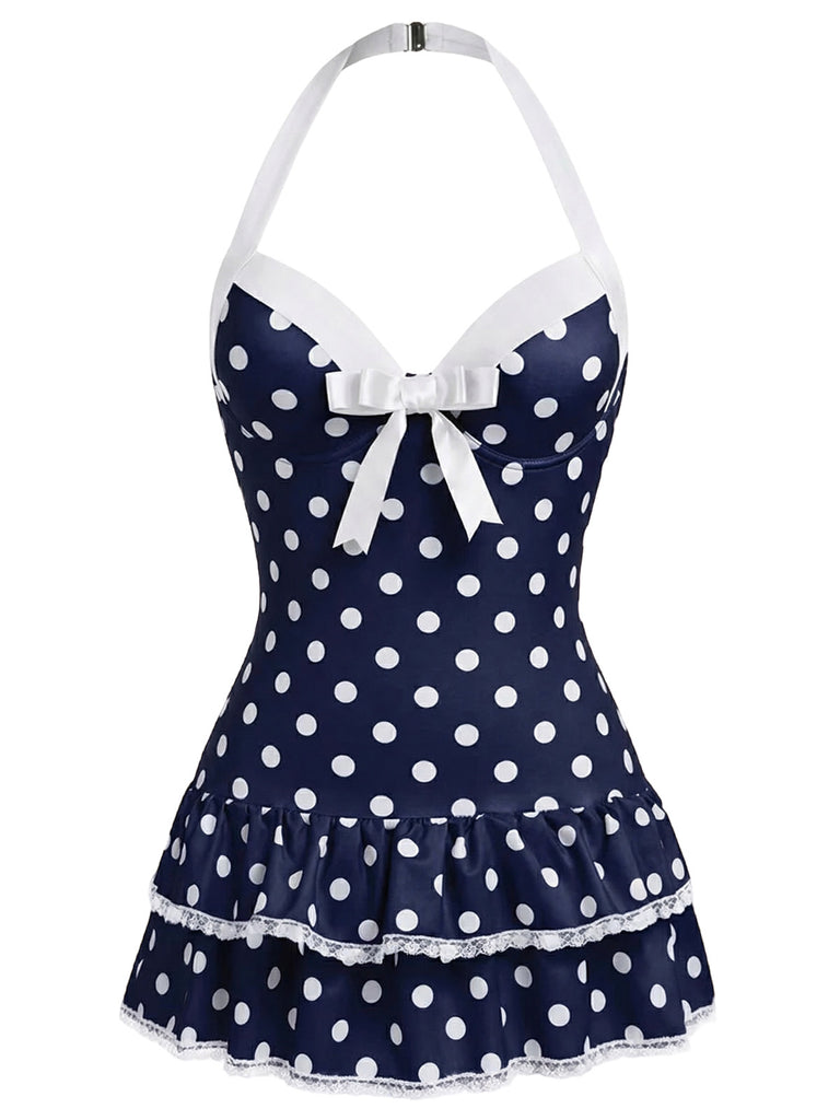1940s Halter Dot Bow One-Piece Swimsuit - vintage swimwear, retro swimsuit, pin-up style for vintage lovers