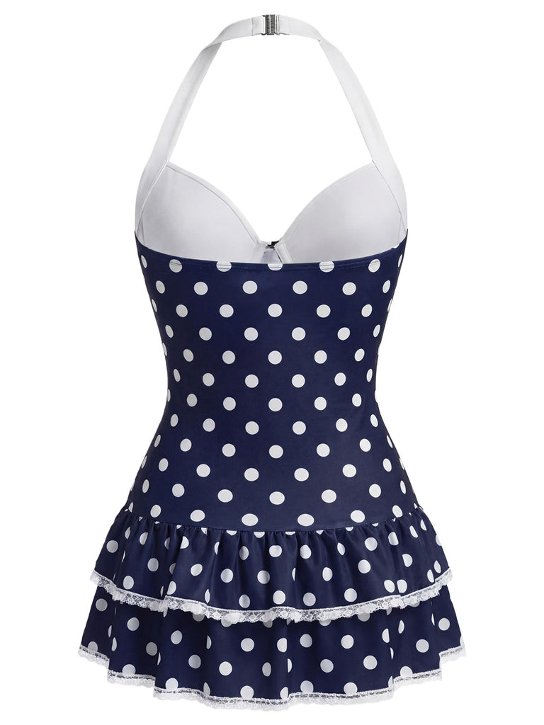 1940s Halter Dot Bow One-Piece Swimsuit: beautiful vintage swimwear, retro swimsuit, pin-up style with timeless appeal