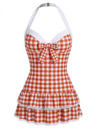 1940s Halter Gingham Bow One-Piece Swimsuit - vintage swimwear, retro beach style for women