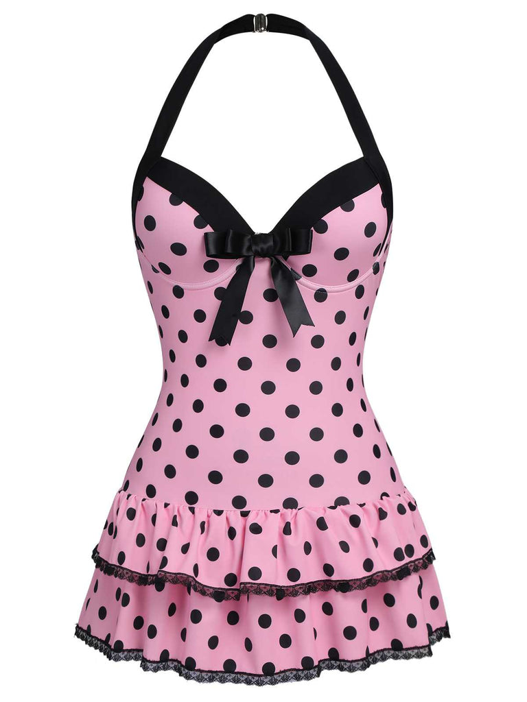 1940s Halter Polka Dots Bow One-Piece Swimsuit, classic vintage style summer beach collection