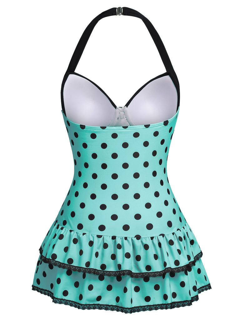 1940s Halter Polka Dots Bow One-Piece Swimsuit, classic vintage style summer beach collection