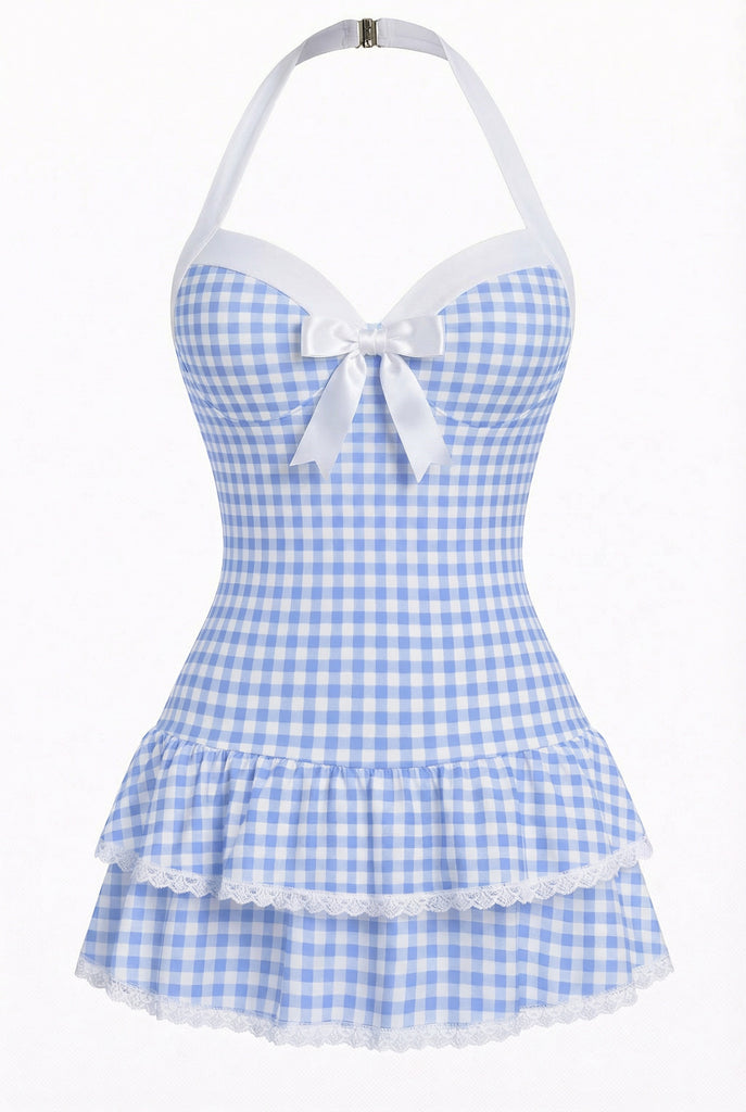 Yellow 1940s Halter Polka Dots Bow Swimsuit