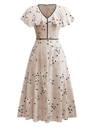 1940s Irregular Dots V-Neck Ruffled Dress - vintage dress, retro fashion