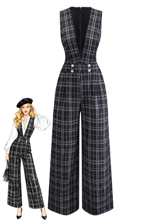 Black 1940s Cotton Plaid Deep V-Neck Overall Jumpsuit - vintage jumpsuit, retro fashion, classic black