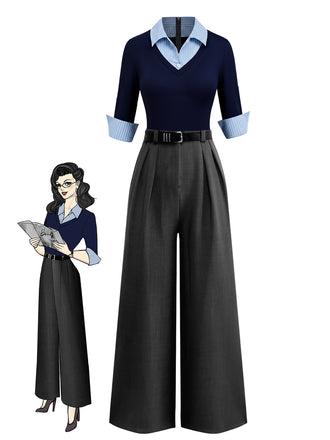 Blue & Gray 1940s Knit Colorblock 3/4 Sleeve Shirt Jumpsuit - vintage jumpsuit, retro fashion