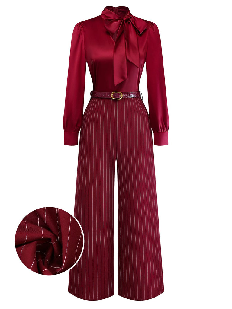 Burgundy 1940s Satin Bow Tie Striped Wide-Leg Jumpsuit - vintage jumpsuit, retro fashion