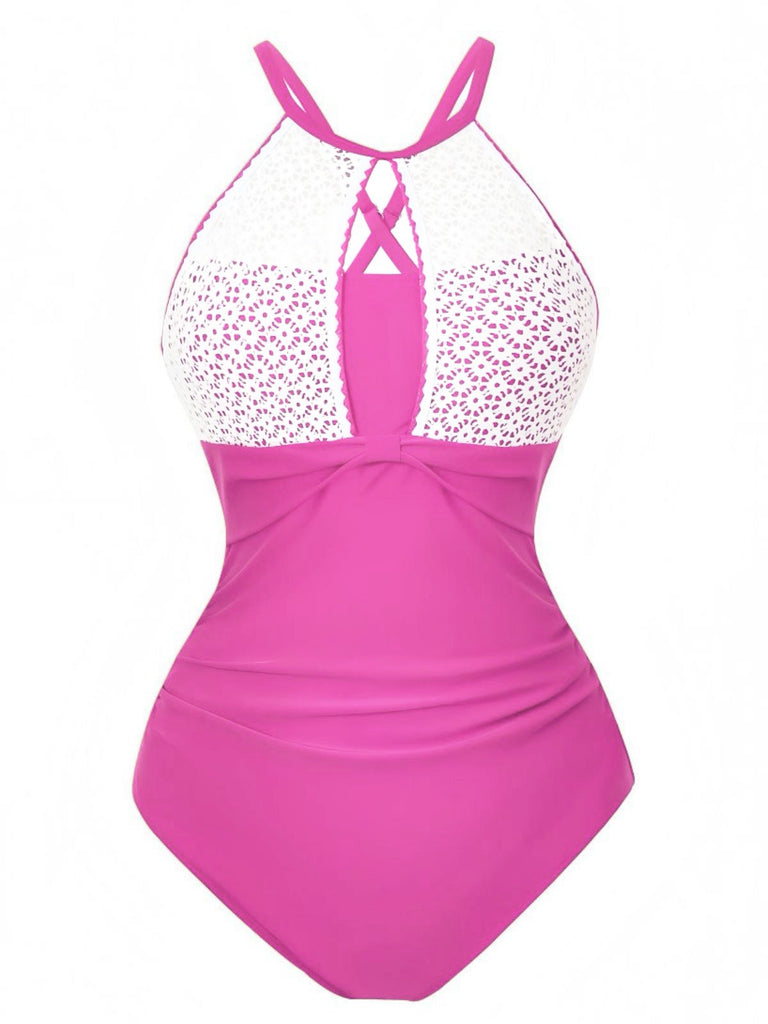 1940s Lace Patchwork Halter One-Piece Swimsuit: beautiful vintage swimwear, retro swimsuit, pin-up style with timeless appeal