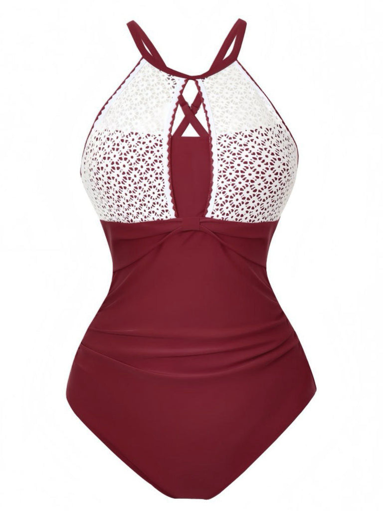 1940s Lace Patchwork Halter One-Piece Swimsuit, vintage swimsuit, pin-up swimwear - perfect for women who love vintage and retro fashion