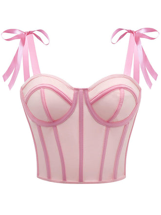 She pairs this 1940s Lace-Up Bow Mesh Corset Crop Camisole with confidence and 1940s charm