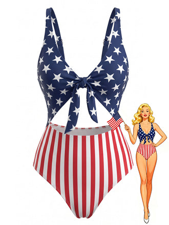 1940s Lace-Up Stars & Stripes Swimsuit - vintage swimsuit, pin-up swimwear for vintage lovers