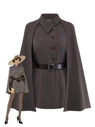 1940s Lapel Belted Jacket With Detachable Cape - vintage fashion, retro style