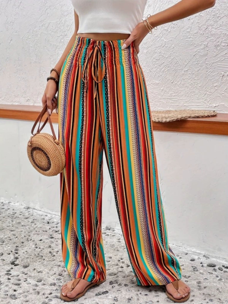 Multicolor 1970s Boho Striped Drawstring Wide-Leg Pants - vintage fashion, retro style for vintage lovers