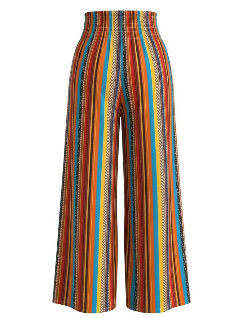 Multicolor 1970s Boho Striped Drawstring Wide-Leg Pants - vintage fashion, retro style for vintage lovers