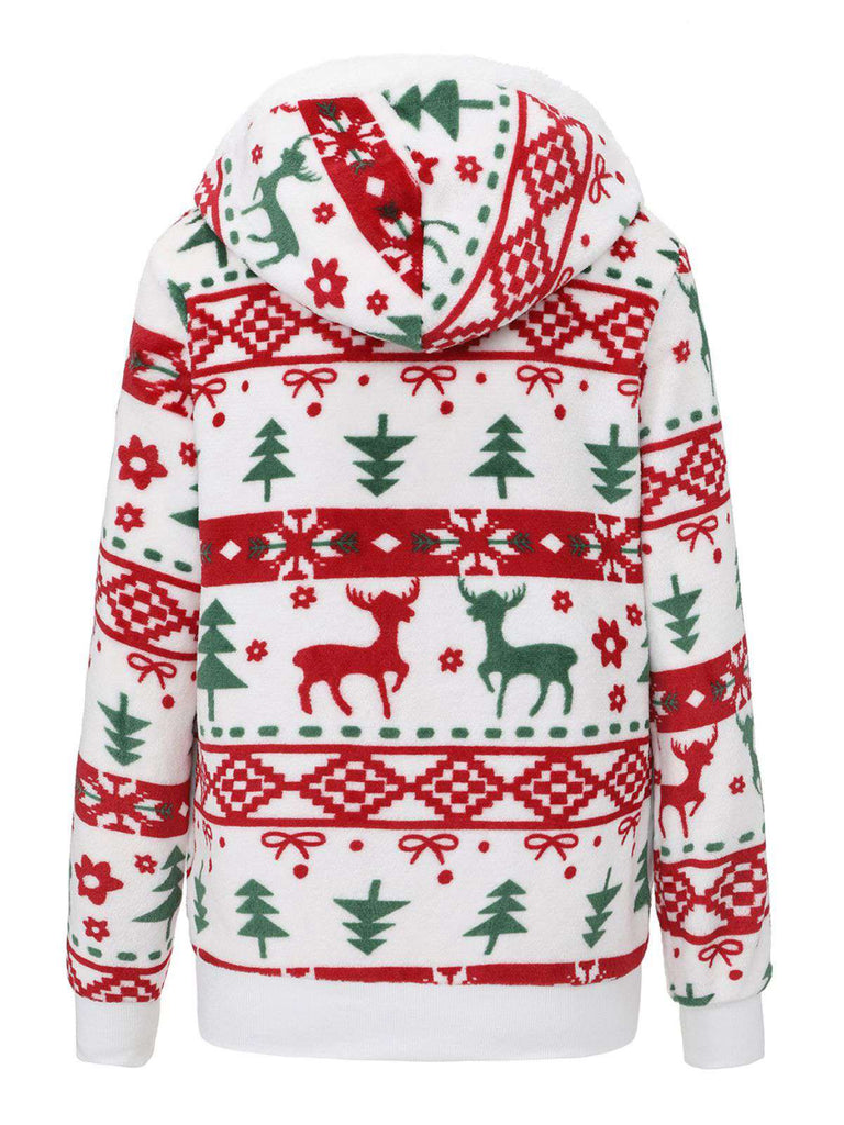 Multicolor 1940s Reindeer & Christmas Tree Plush Hoodie - vintage fashion, retro style