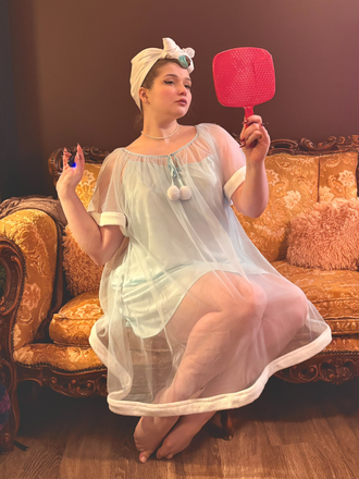 Blue 1940s Ruffle Sleeve Plush Trim Tulle Nightgown - vintage nightgown, retro sleepwear