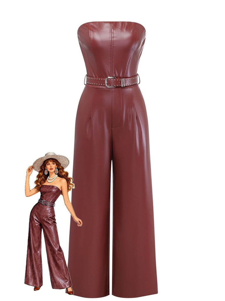 1940s PU Leather Belted Strapless Jumpsuit - vintage jumpsuit, retro fashion