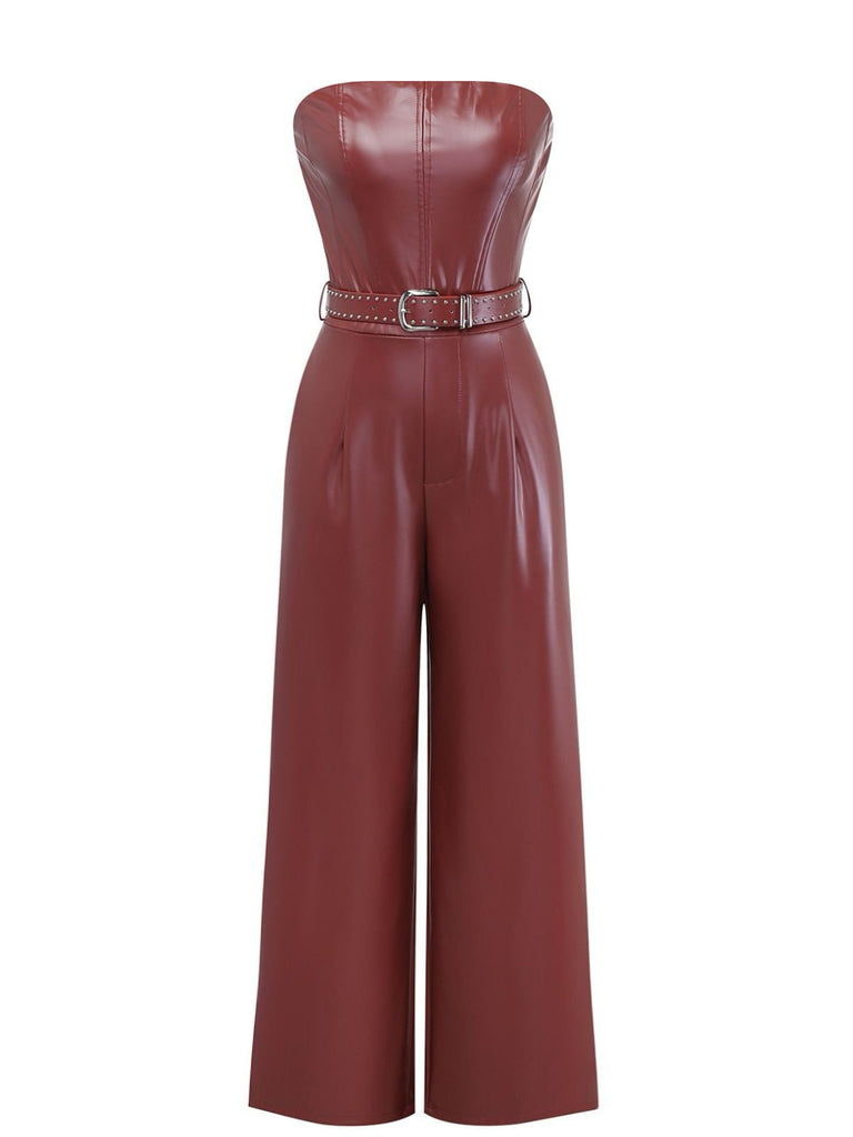 1940s PU Leather Belted Strapless Jumpsuit - vintage jumpsuit, retro fashion