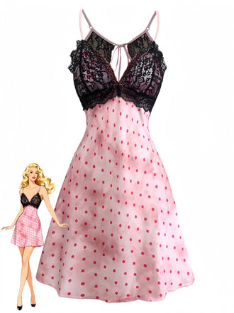 Pink 1940s Satin Polka Dot Lace Trim Backless Nightdress - vintage dress, retro fashion