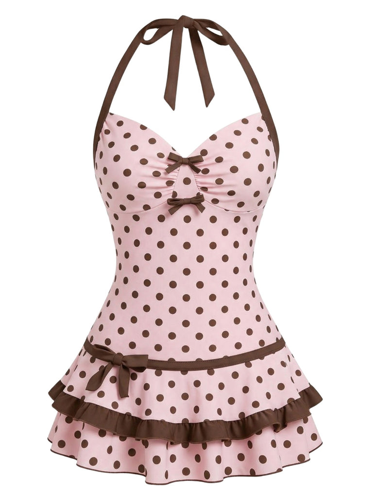 1940s Polka Dot Halter Bow One-Piece Swimdress - vintage dress, retro fashion for women