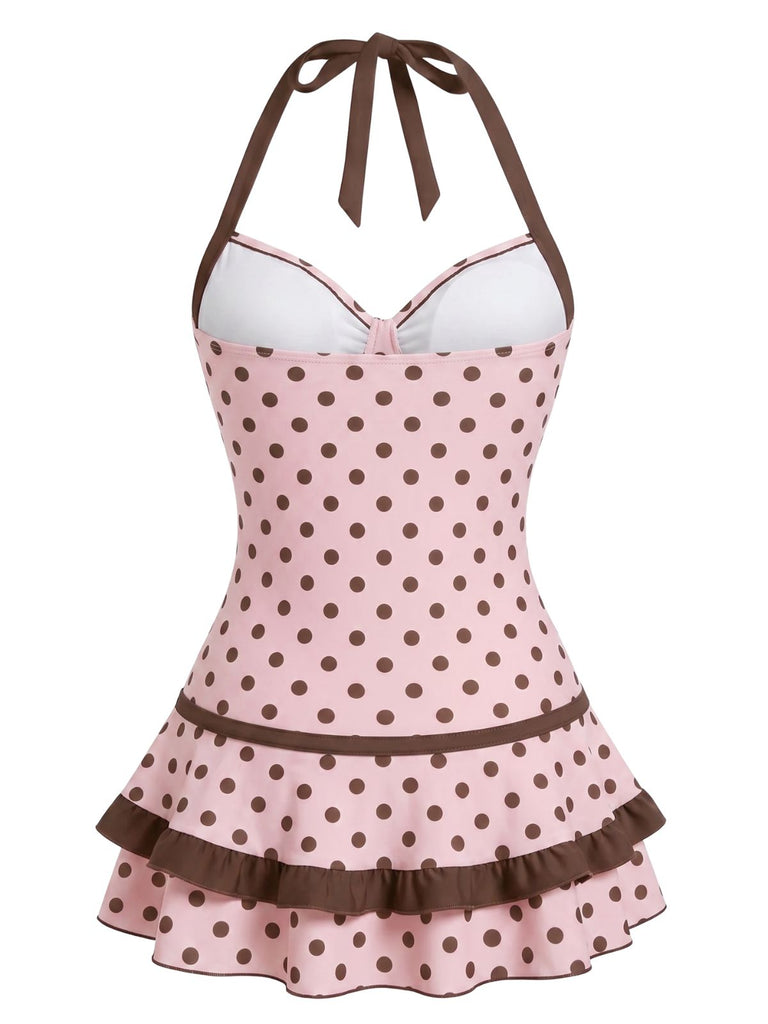 Red 1940s Polka Dot Halter Bow One-Piece Swimdress, vintage dress, retro fashion - perfect for women who love vintage and retro fashion