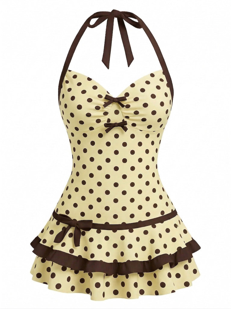 Red 1940s Polka Dot Halter Bow One-Piece Swimdress, vintage dress, retro fashion - perfect for women who love vintage and retro fashion