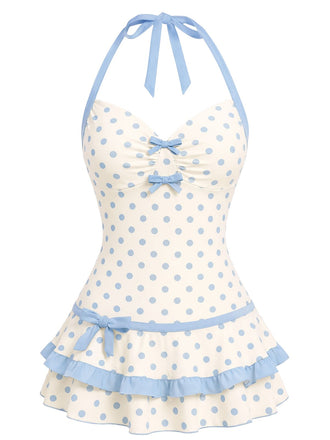 Red 1940s Polka Dot Halter Bow One-Piece Swimdress, vintage dress, retro fashion - perfect for women who love vintage and retro fashion