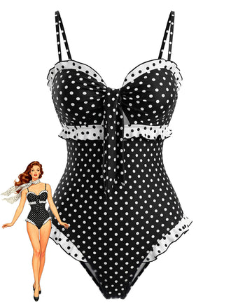 1940s Polka Dot Ruffle Patchwork One-Piece Swimsuit, vintage swimsuit, pin-up swimwear - perfect for women who love vintage and retro fashion