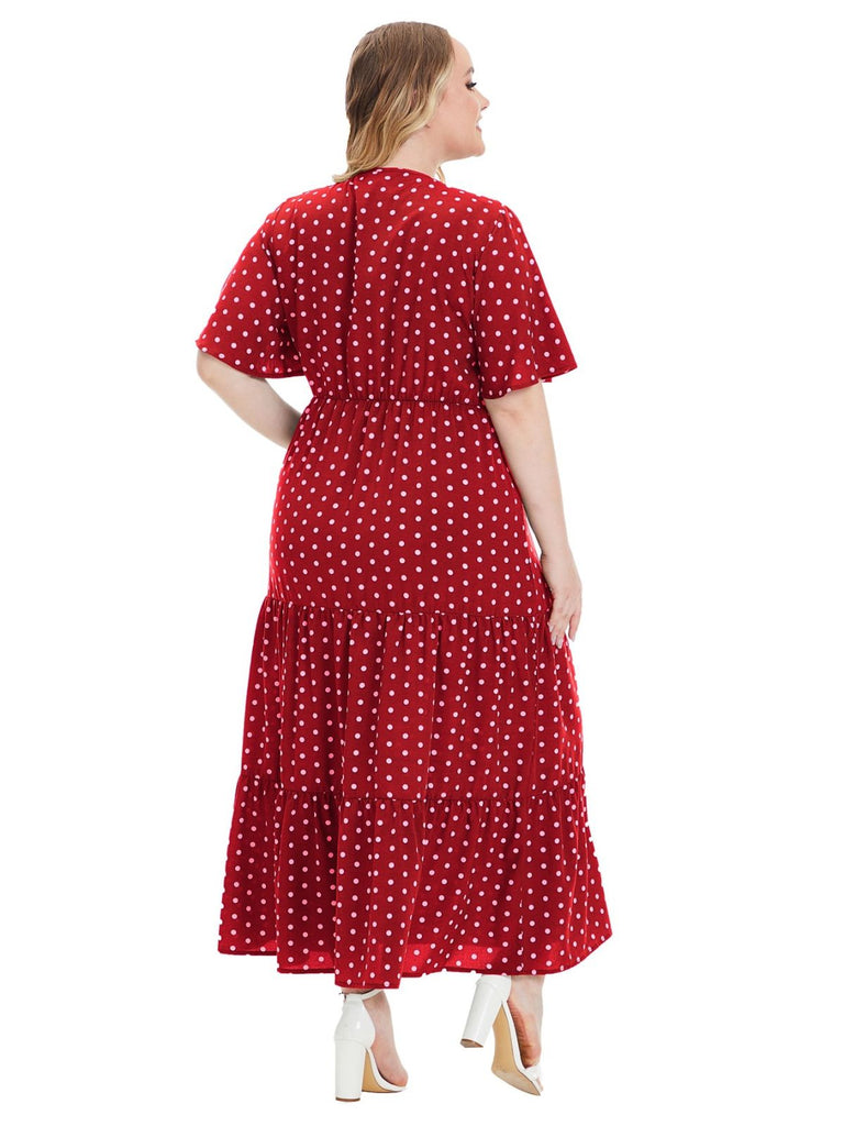 [Plus Size] 1940s Polka Dot V-Neck Short Sleeve Maxi Dress - vintage dress, retro fashion for vintage lovers