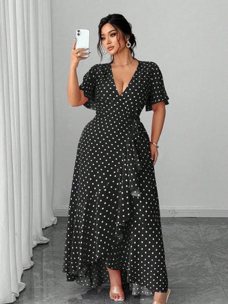 [Plus Size] 1940s Polka Dot Wrap V-Neck Ruffle Maxi Dress, vintage dress, retro fashion - perfect for women who love vintage and retro fashion