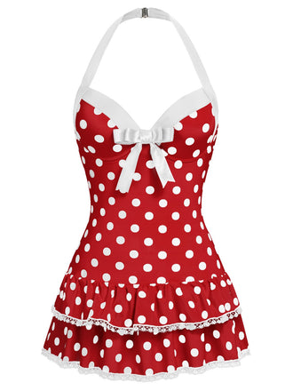 1940s Polka Dots Halter One-Piece Swimsuit, classic vintage style summer beach collection