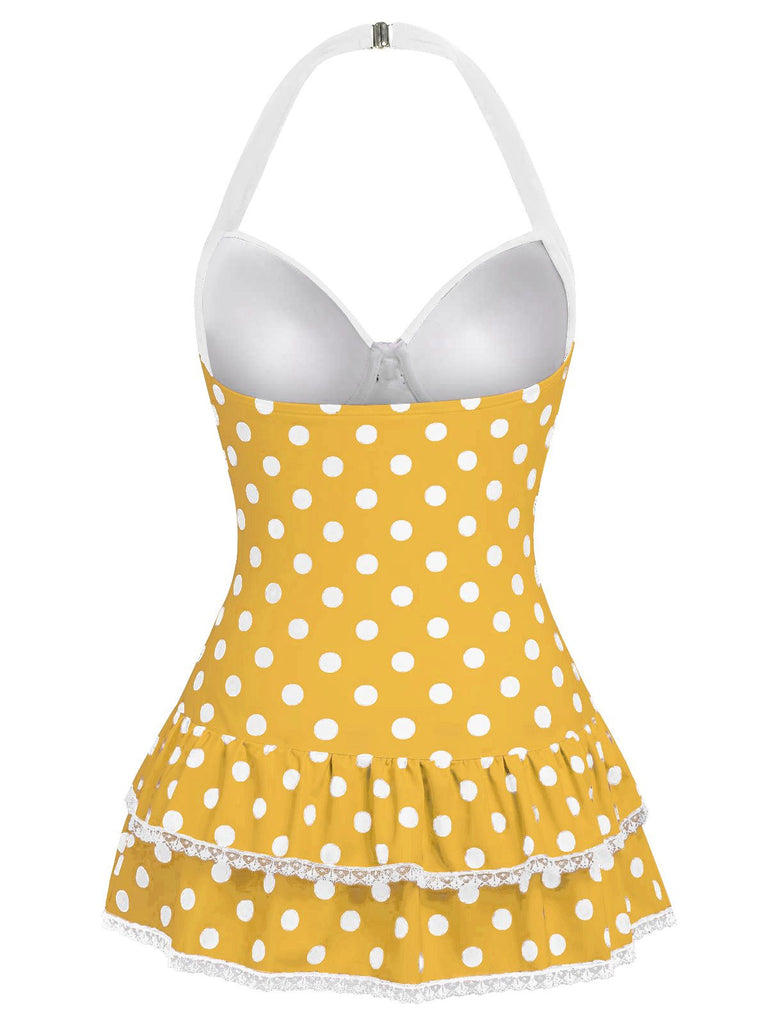 1940s Polka Dots Halter One-Piece Swimsuit, classic vintage style summer beach collection
